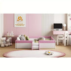 Letto Montessori a pavimento Bellemave in PU con recinzione e scalini, letto a pavimento Queen Size con doghe per bambini e bambine (rosa+bianco)