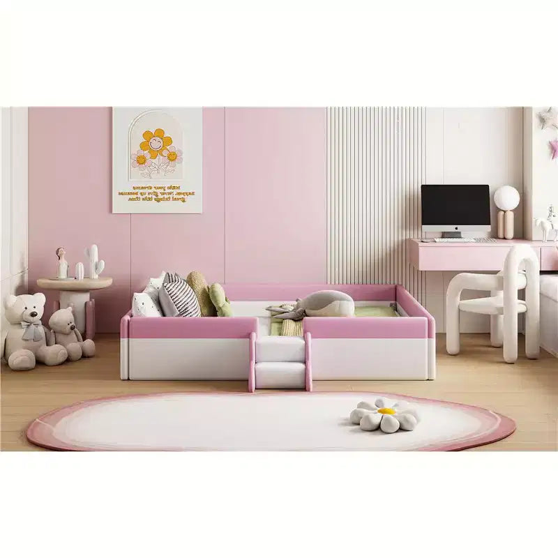 Letto Montessori a pavimento Bellemave in PU con recinzione e scalini, letto a pavimento Queen Size con doghe per bambini e bambine (rosa+bianco)