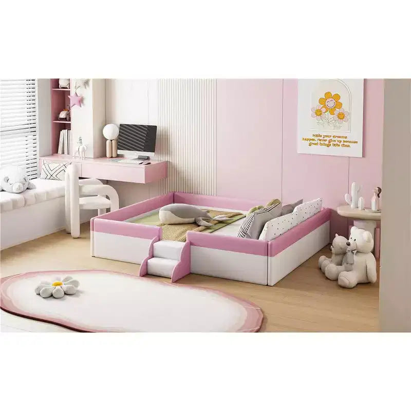 Letto Montessori a pavimento Bellemave in PU con recinzione e scalini, letto a pavimento Queen Size con doghe per bambini e bambine (rosa+bianco)