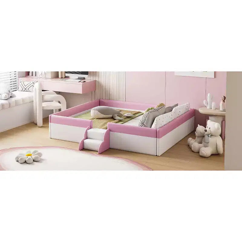 Letto Montessori a pavimento Bellemave in PU con recinzione e scalini, letto a pavimento Queen Size con doghe per bambini e bambine (rosa+bianco)