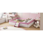 Letto Montessori a pavimento Bellemave in PU con recinzione e scalini, letto a pavimento Queen Size con doghe per bambini e bambine (rosa+bianco)