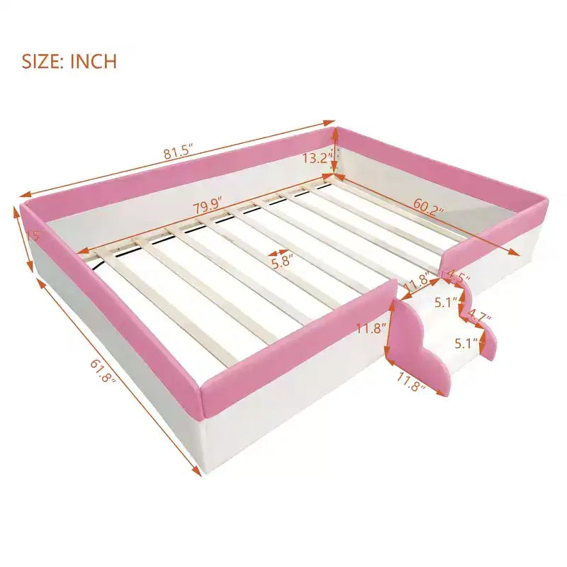 Letto Montessori a pavimento Bellemave in PU con recinzione e scalini, letto a pavimento Queen Size con doghe per bambini e bambine (rosa+bianco)