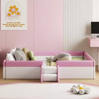 Letto Montessori a pavimento Bellemave in PU con recinzione e scalini, letto a pavimento Queen Size con doghe per bambini e bambine (rosa+bianco)