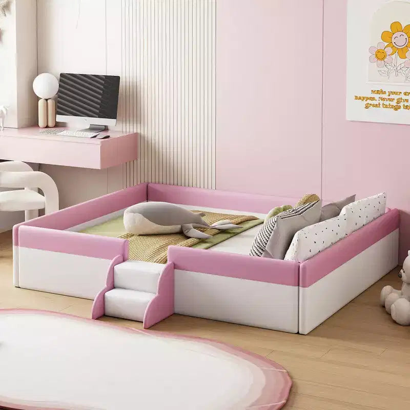 Letto Montessori a pavimento Bellemave in PU con recinzione e scalini, letto a pavimento Queen Size con doghe per bambini e bambine (rosa+bianco)