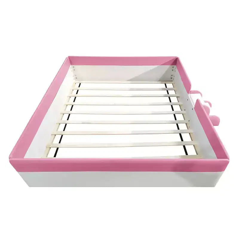 Letto Montessori a pavimento Bellemave in PU con recinzione e scalini, letto a pavimento Queen Size con doghe per bambini e bambine (rosa+bianco)