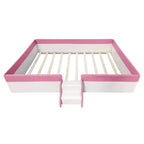 Letto Montessori a pavimento Bellemave in PU con recinzione e scalini, letto a pavimento Queen Size con doghe per bambini e bambine (rosa+bianco)
