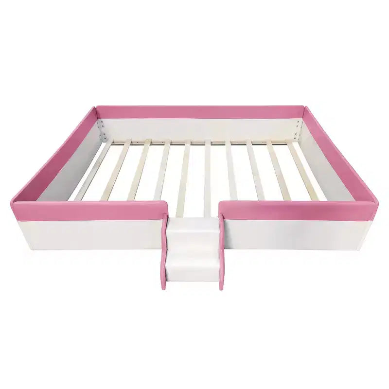 Letto Montessori a pavimento Bellemave in PU con recinzione e scalini, letto a pavimento Queen Size con doghe per bambini e bambine (rosa+bianco)