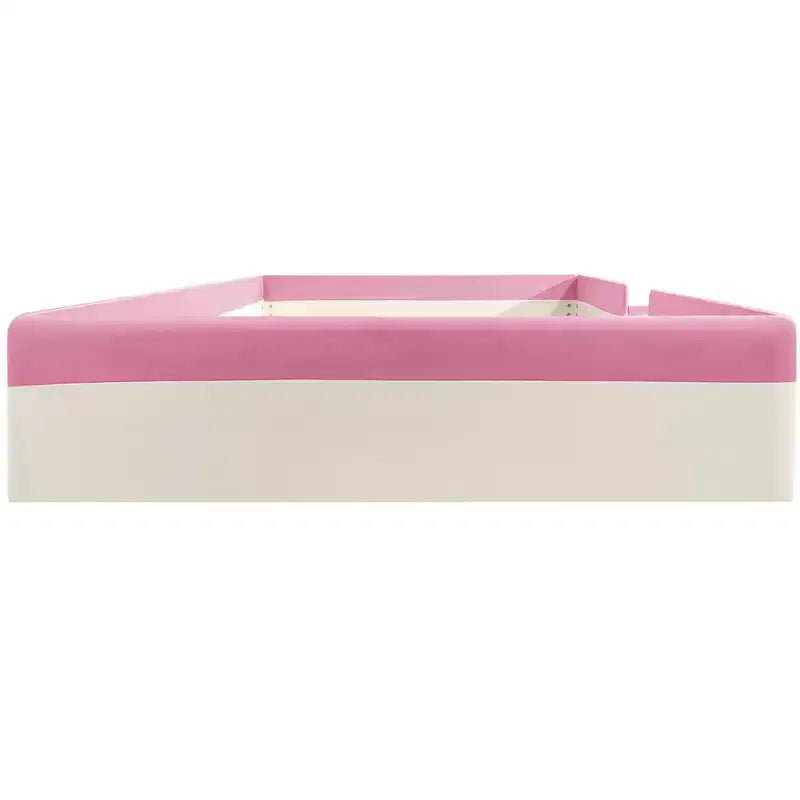 Letto Montessori a pavimento Bellemave in PU con recinzione e scalini, letto a pavimento Queen Size con doghe per bambini e bambine (rosa+bianco)