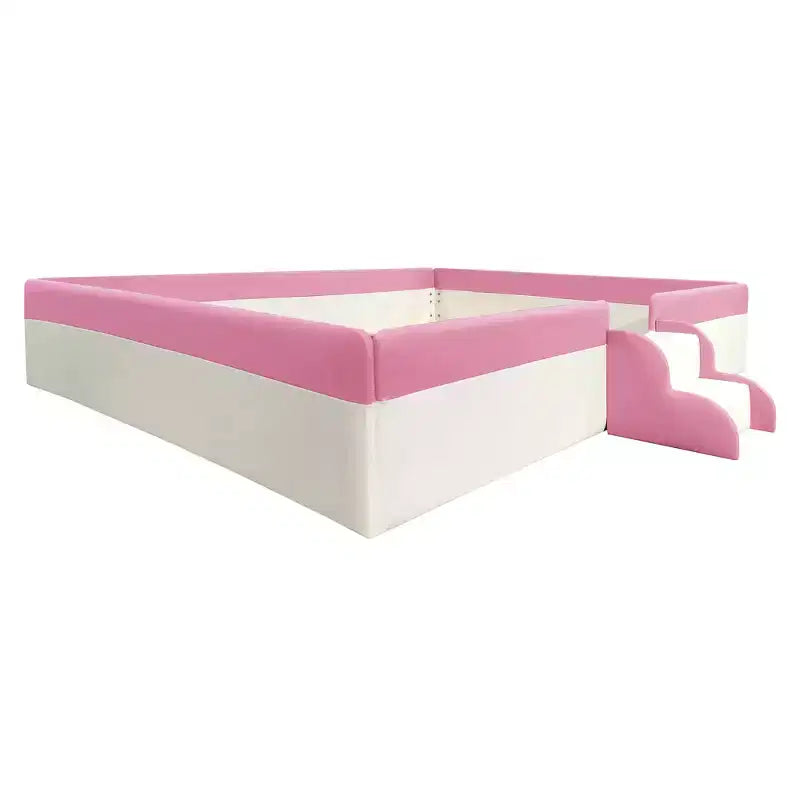 Letto Montessori a pavimento Bellemave in PU con recinzione e scalini, letto a pavimento Queen Size con doghe per bambini e bambine (rosa+bianco)