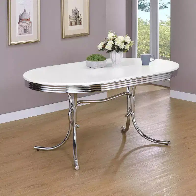 Coaster, Tavolo da pranzo ovale retrò con piano in legno da 60 pollici, bianco e cromato