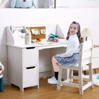 COZONY Scrivania per bambini con sedia, Tavolo da studio per studenti con libreria, bacheca e armadietti, Scrivania da studio per bambini e bambine