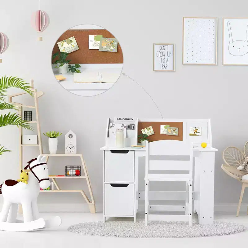 COZONY Scrivania per bambini con sedia, Tavolo da studio per studenti con libreria, bacheca e armadietti, Scrivania da studio per bambini e bambine