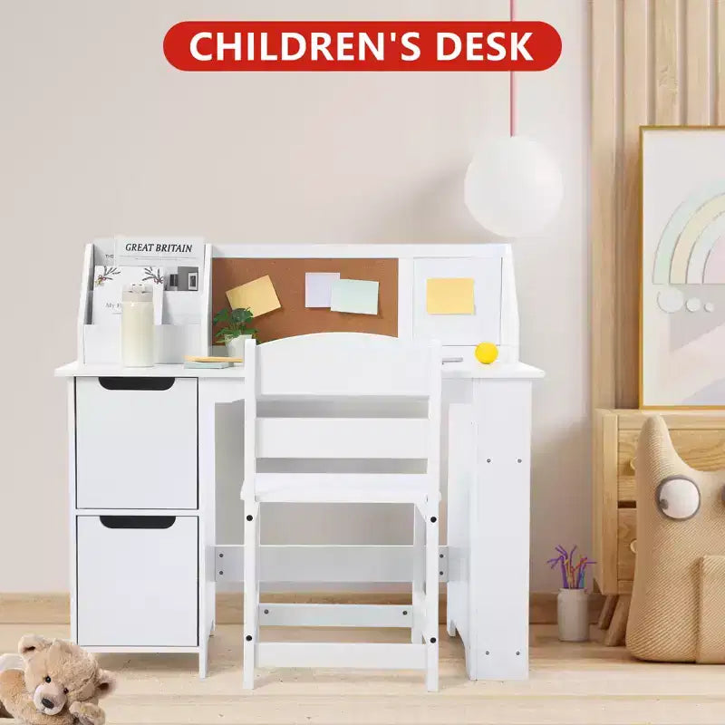 COZONY Scrivania per bambini con sedia, Tavolo da studio per studenti con libreria, bacheca e armadietti, Scrivania da studio per bambini e bambine