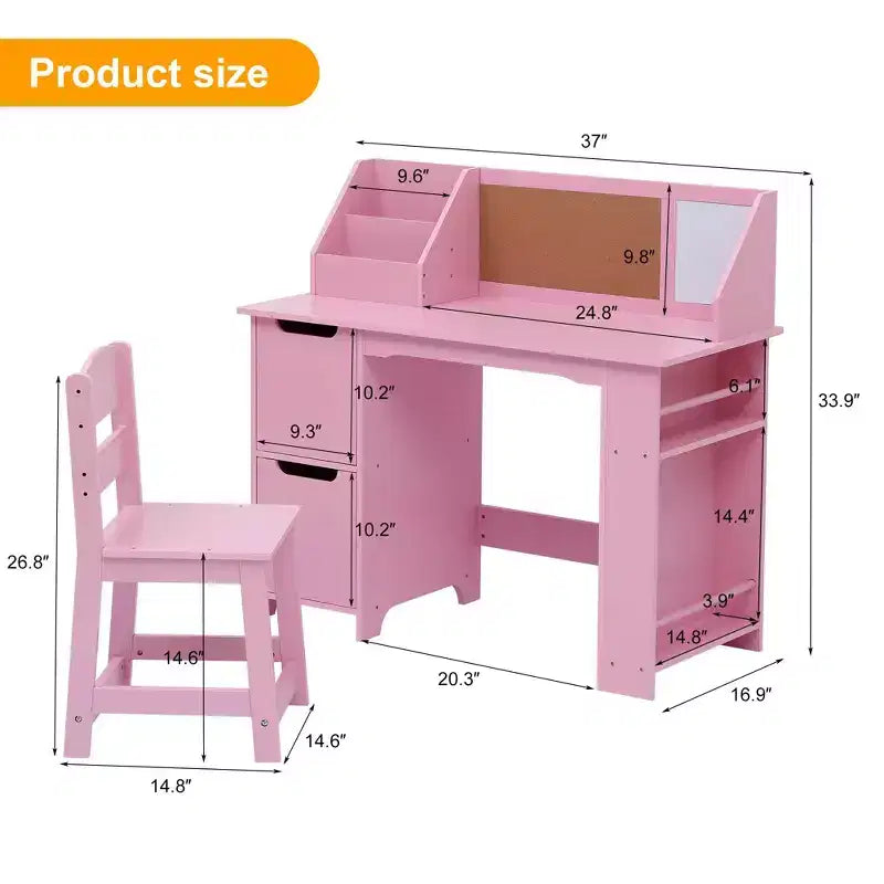 COZONY Scrivania per bambini con sedia, Tavolo da studio per studenti con libreria, bacheca e armadietti, Scrivania da studio per bambini e bambine