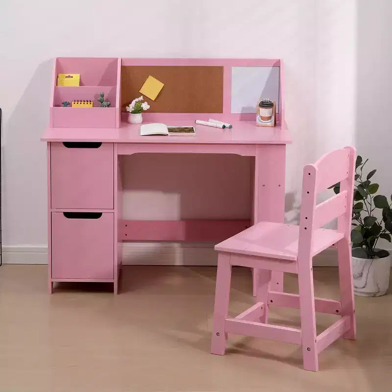 COZONY Scrivania per bambini con sedia, Tavolo da studio per studenti con libreria, bacheca e armadietti, Scrivania da studio per bambini e bambine