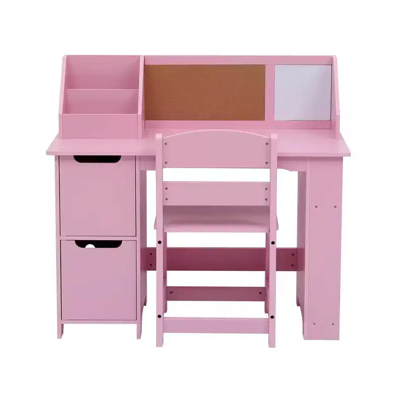 COZONY Scrivania per bambini con sedia, Tavolo da studio per studenti con libreria, bacheca e armadietti, Scrivania da studio per bambini e bambine