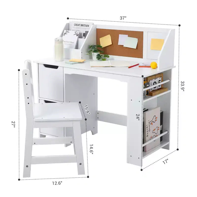 COZONY Scrivania per bambini con sedia, Tavolo da studio per studenti con libreria, bacheca e armadietti, Scrivania da studio per bambini e bambine