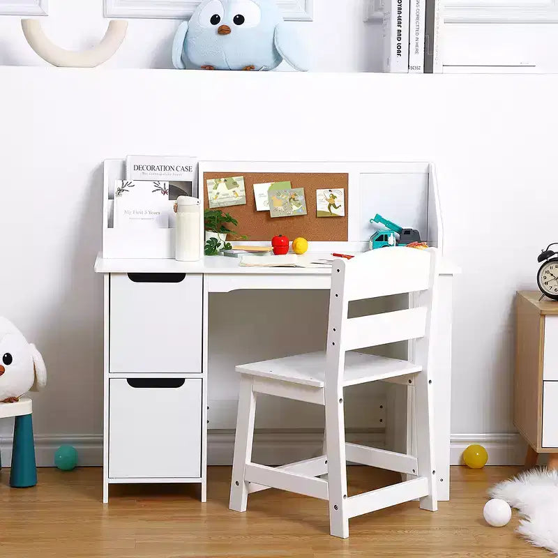 COZONY Scrivania per bambini con sedia, Tavolo da studio per studenti con libreria, bacheca e armadietti, Scrivania da studio per bambini e bambine