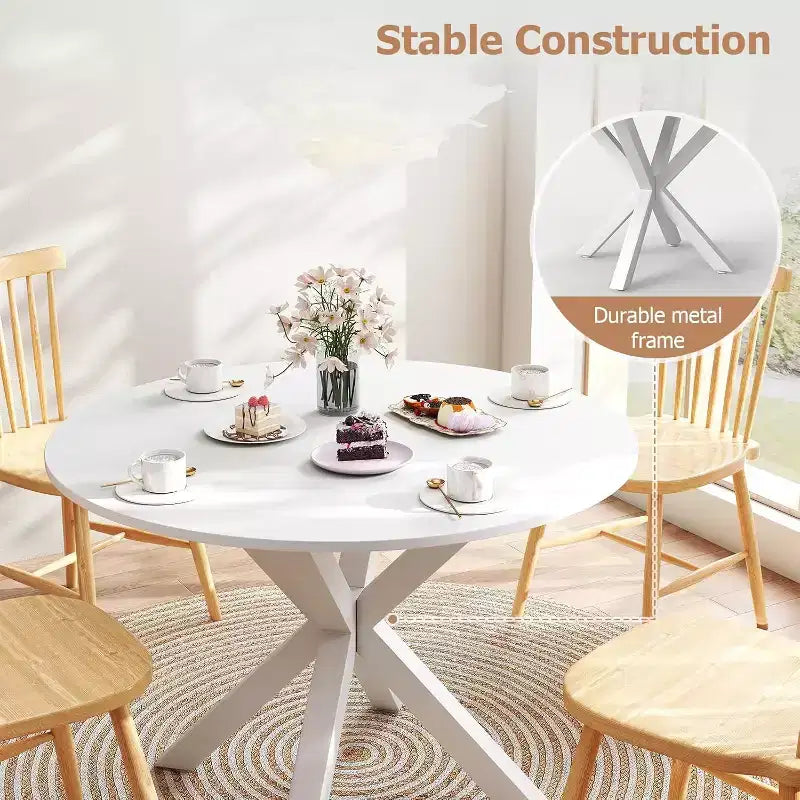 Zevemomo Tavolo da pranzo rotondo, tavolo da cucina da 42" per 4-6 persone, piccolo tavolo da cucina rotondo con gambe incrociate in metallo, per cucina, appartamento, soggiorno, bianco