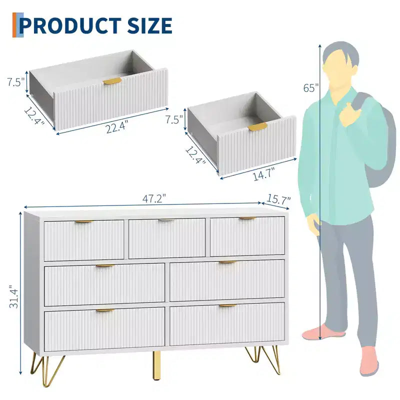 Comò moderno per camera da letto, Comò a 7 cassetti, Comò bianco, Cassettiera in legno con gambe e maniglie in metallo dorato, Tavolo stretto da ingresso/Mobile TV