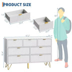 Comò moderno per camera da letto, Comò a 7 cassetti, Comò bianco, Cassettiera in legno con gambe e maniglie in metallo dorato, Tavolo stretto da ingresso/Mobile TV