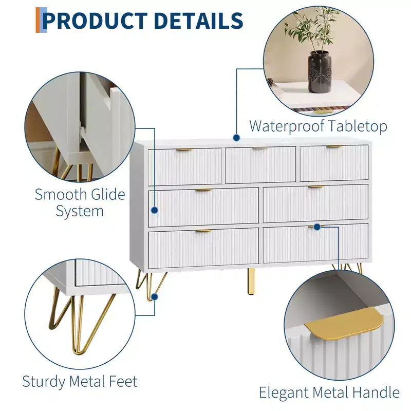 Comò moderno per camera da letto, Comò a 7 cassetti, Comò bianco, Cassettiera in legno con gambe e maniglie in metallo dorato, Tavolo stretto da ingresso/Mobile TV