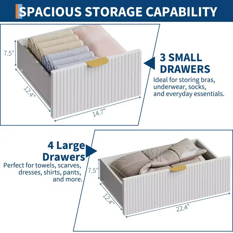Comò moderno per camera da letto, Comò a 7 cassetti, Comò bianco, Cassettiera in legno con gambe e maniglie in metallo dorato, Tavolo stretto da ingresso/Mobile TV