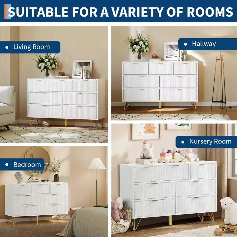 Comò moderno per camera da letto, Comò a 7 cassetti, Comò bianco, Cassettiera in legno con gambe e maniglie in metallo dorato, Tavolo stretto da ingresso/Mobile TV