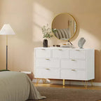 Comò moderno per camera da letto, Comò a 7 cassetti, Comò bianco, Cassettiera in legno con gambe e maniglie in metallo dorato, Tavolo stretto da ingresso/Mobile TV