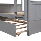 Letto a Castello con Letto Estraibile, Letto a Castello in Legno Completo con Letto Estraibile, Struttura del Letto a Castello in Legno Massello con Ringhiera e Scaletta