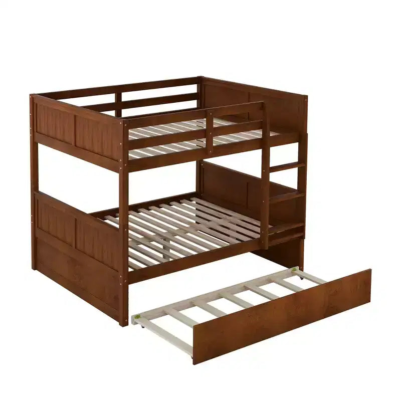 Letto a Castello con Letto Estraibile, Letto a Castello in Legno Completo con Letto Estraibile, Struttura del Letto a Castello in Legno Massello con Ringhiera e Scaletta