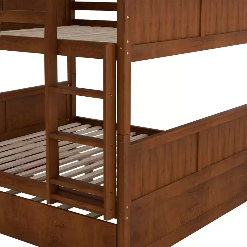Letto a Castello con Letto Estraibile, Letto a Castello in Legno Completo con Letto Estraibile, Struttura del Letto a Castello in Legno Massello con Ringhiera e Scaletta