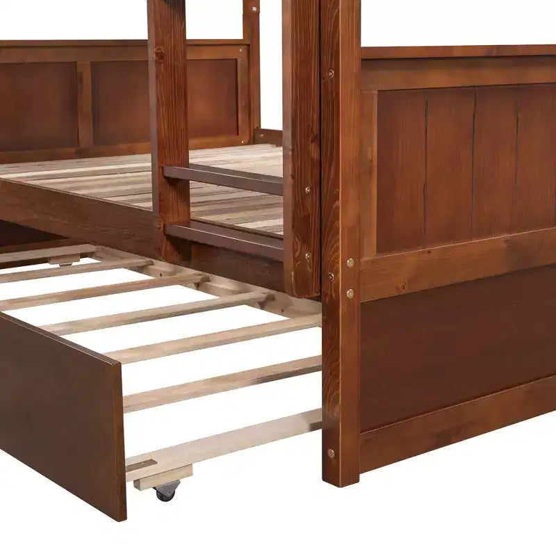 Letto a Castello con Letto Estraibile, Letto a Castello in Legno Completo con Letto Estraibile, Struttura del Letto a Castello in Legno Massello con Ringhiera e Scaletta