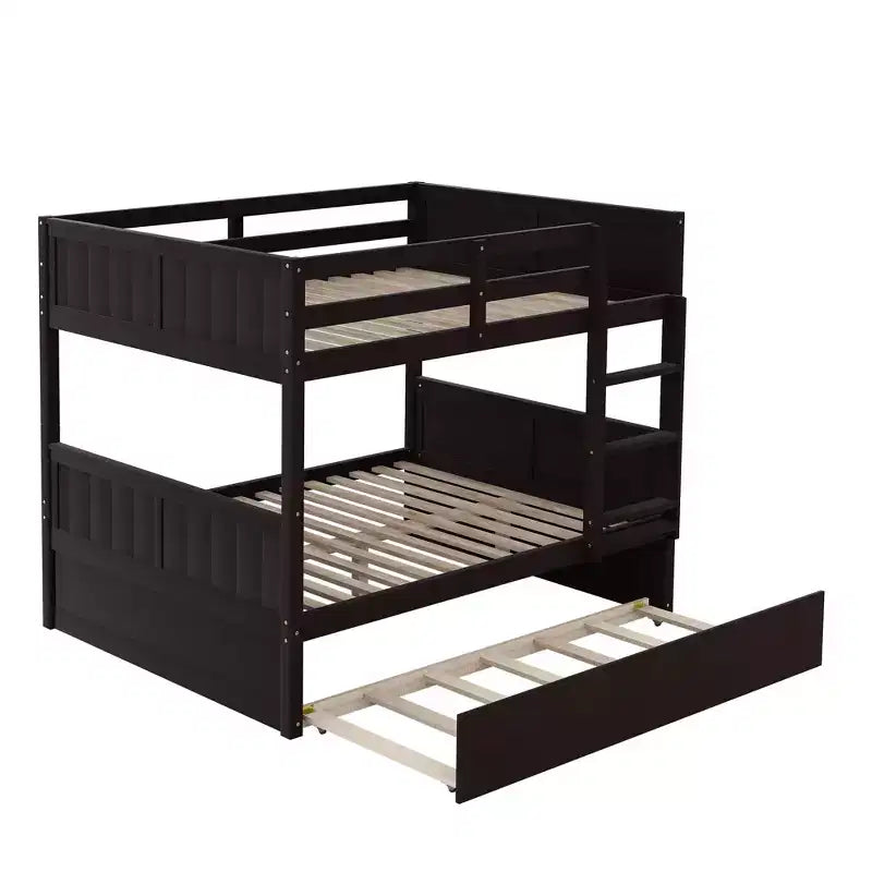 Letto a Castello con Letto Estraibile, Letto a Castello in Legno Completo con Letto Estraibile, Struttura del Letto a Castello in Legno Massello con Ringhiera e Scaletta