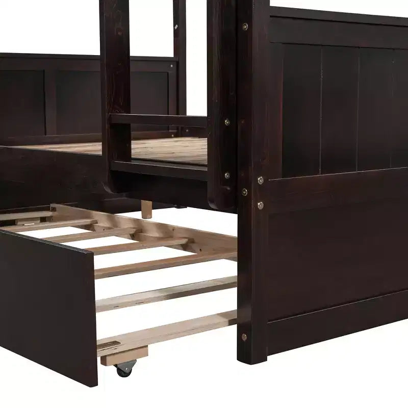 Letto a Castello con Letto Estraibile, Letto a Castello in Legno Completo con Letto Estraibile, Struttura del Letto a Castello in Legno Massello con Ringhiera e Scaletta