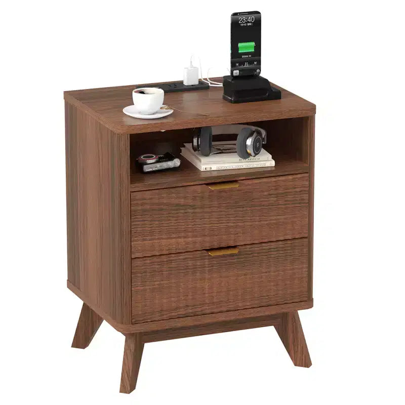CuisinSmart Comodino moderno scanalato con stazione di ricarica USB, cassettiere a 2 cassetti, tavolini da salotto per soggiorno, camera da letto, ufficio
