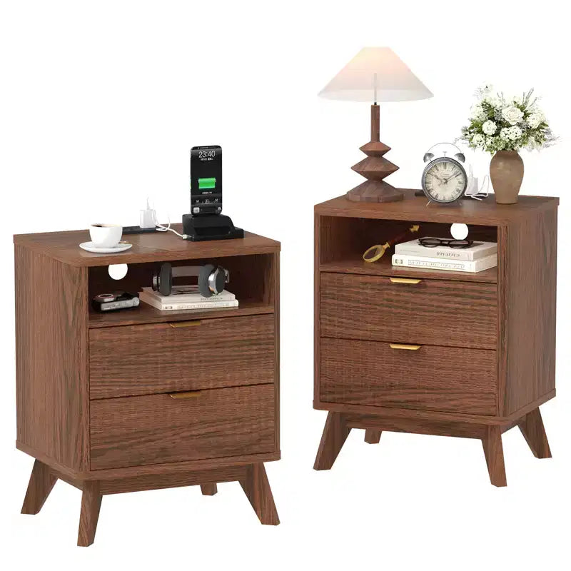 CuisinSmart Comodino moderno scanalato con stazione di ricarica USB, cassettiere a 2 cassetti, tavolini da salotto per soggiorno, camera da letto, ufficio