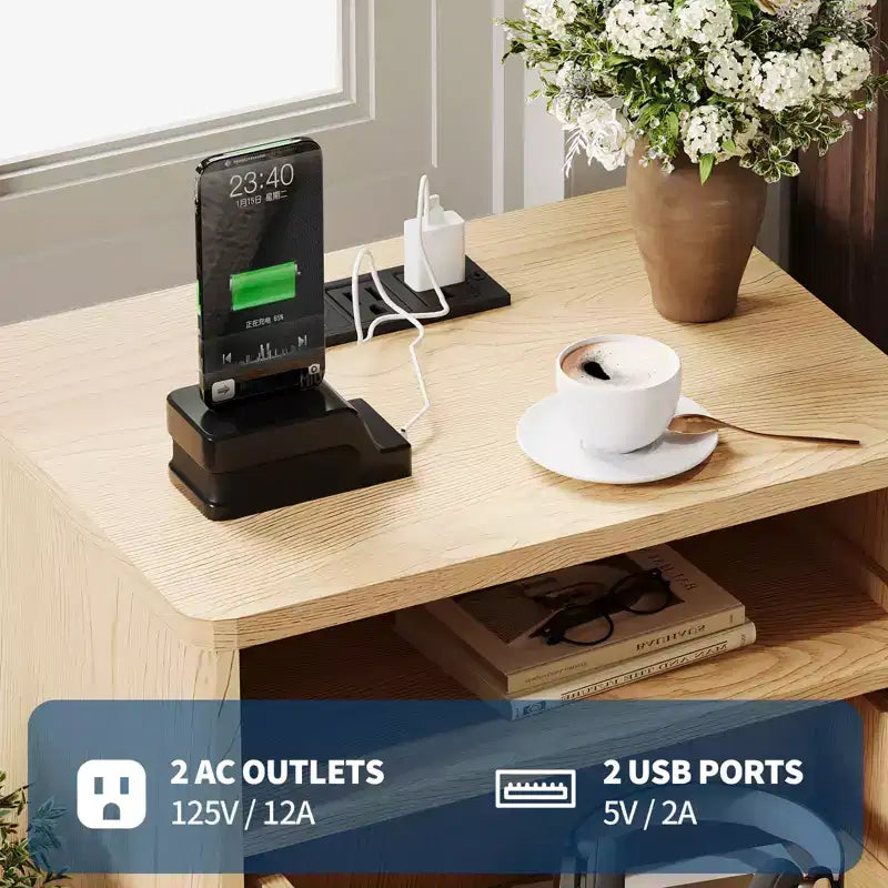CuisinSmart Comodino moderno scanalato con stazione di ricarica USB, cassettiere a 2 cassetti, tavolini da salotto per soggiorno, camera da letto, ufficio