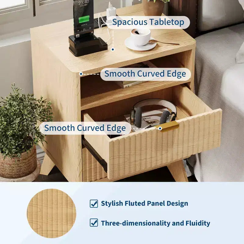 CuisinSmart Comodino moderno scanalato con stazione di ricarica USB, cassettiere a 2 cassetti, tavolini da salotto per soggiorno, camera da letto, ufficio