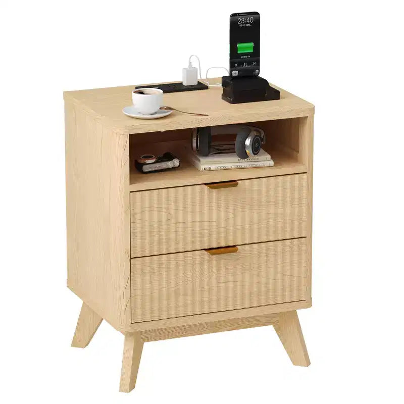CuisinSmart Comodino moderno scanalato con stazione di ricarica USB, cassettiere a 2 cassetti, tavolini da salotto per soggiorno, camera da letto, ufficio