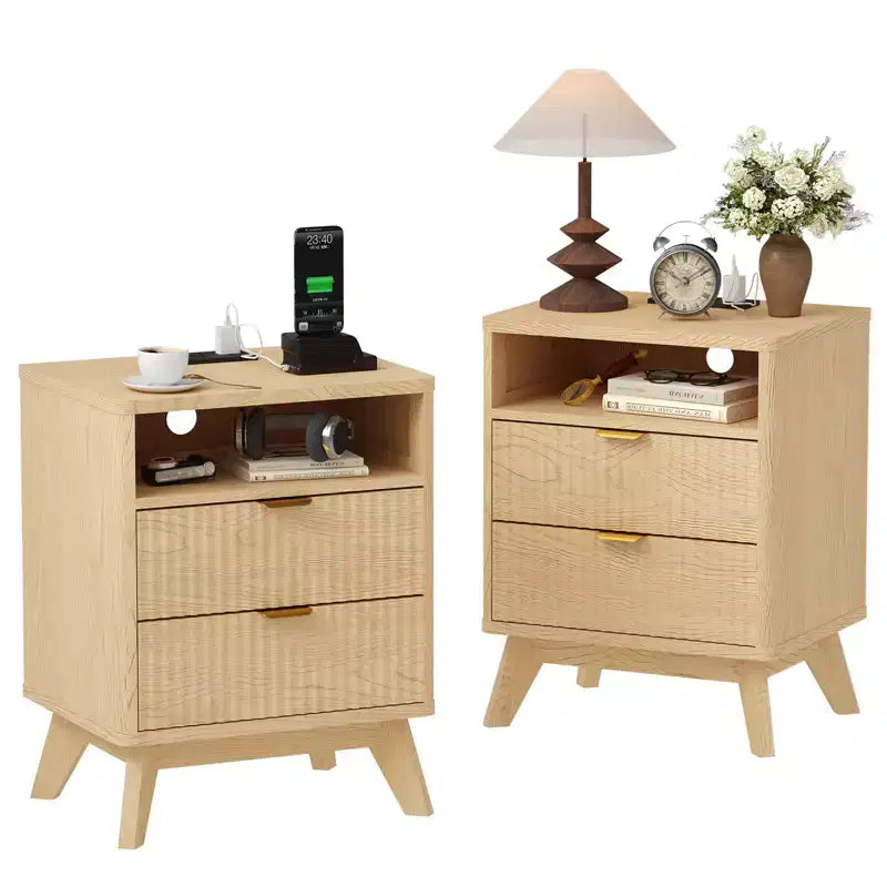 CuisinSmart Comodino moderno scanalato con stazione di ricarica USB, cassettiere a 2 cassetti, tavolini da salotto per soggiorno, camera da letto, ufficio