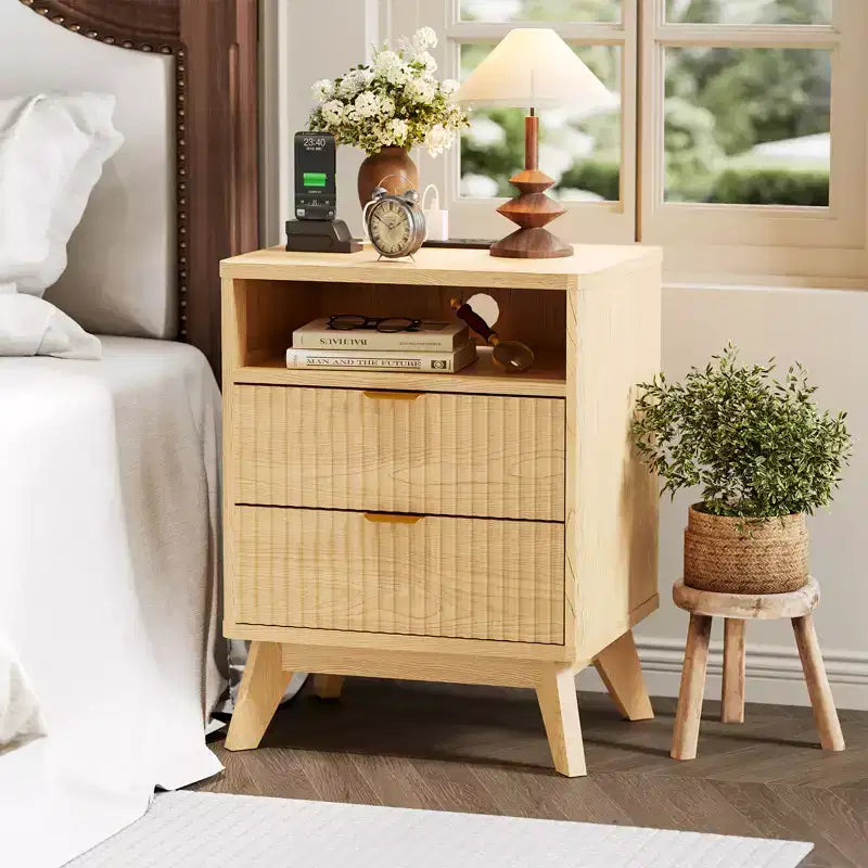 CuisinSmart Modern Fluted Night Stand with USB Charge Station, 2 Drawer Filing Cabinets, Bedside End Tables for Living Room Bedroom Home Office