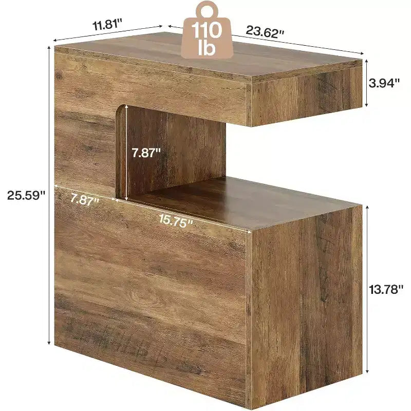 Tavolino finale Lantine a forma di C, tavolino laterale da divano da 25,59 pollici con ripiano portaoggetti a 2 livelli, vassoio TV rustico per divano, soggiorno, camera da letto, marrone
