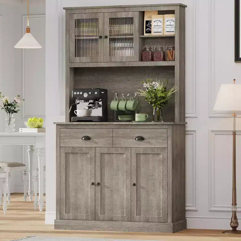COZONY 71 Tall Pantry Cabinet with Doors & Drawer, Farmhouse Hutch with Microwave Stand & Anti-Tip