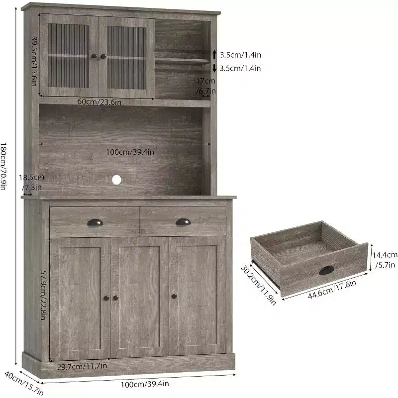 COZONY 71 Mobile Dispensa Alto con Ante e Cassetti, Credenza Rustica con Supporto per Microonde e Antiribaltamento