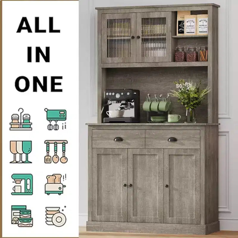 COZONY 71 Mobile Dispensa Alto con Ante e Cassetti, Credenza Rustica con Supporto per Microonde e Antiribaltamento