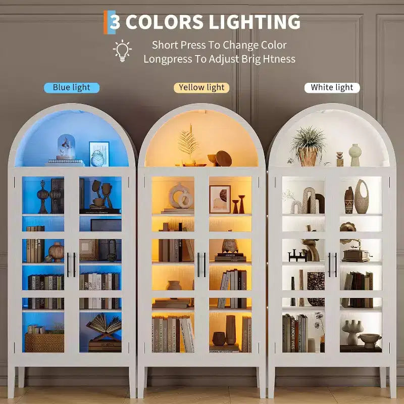 Cantinetta ad arco con luci a LED - Mobile credenza bianco indipendente con ante in vetro per cucina, sala da pranzo