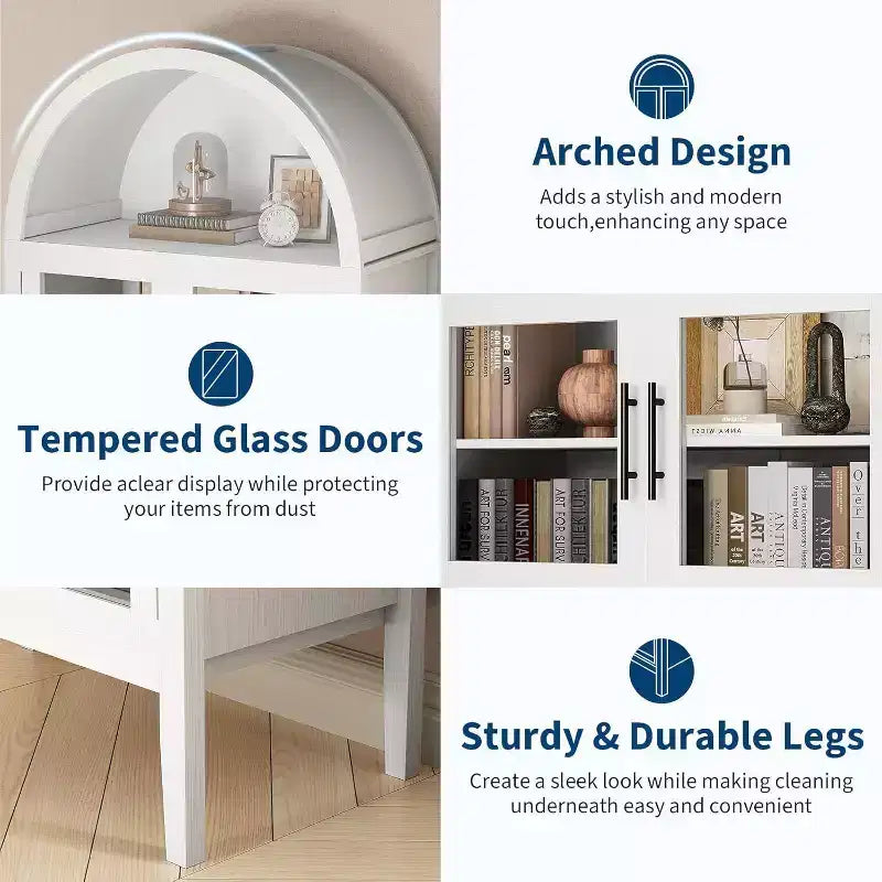 Cantinetta ad arco con luci a LED - Mobile credenza bianco indipendente con ante in vetro per cucina, sala da pranzo