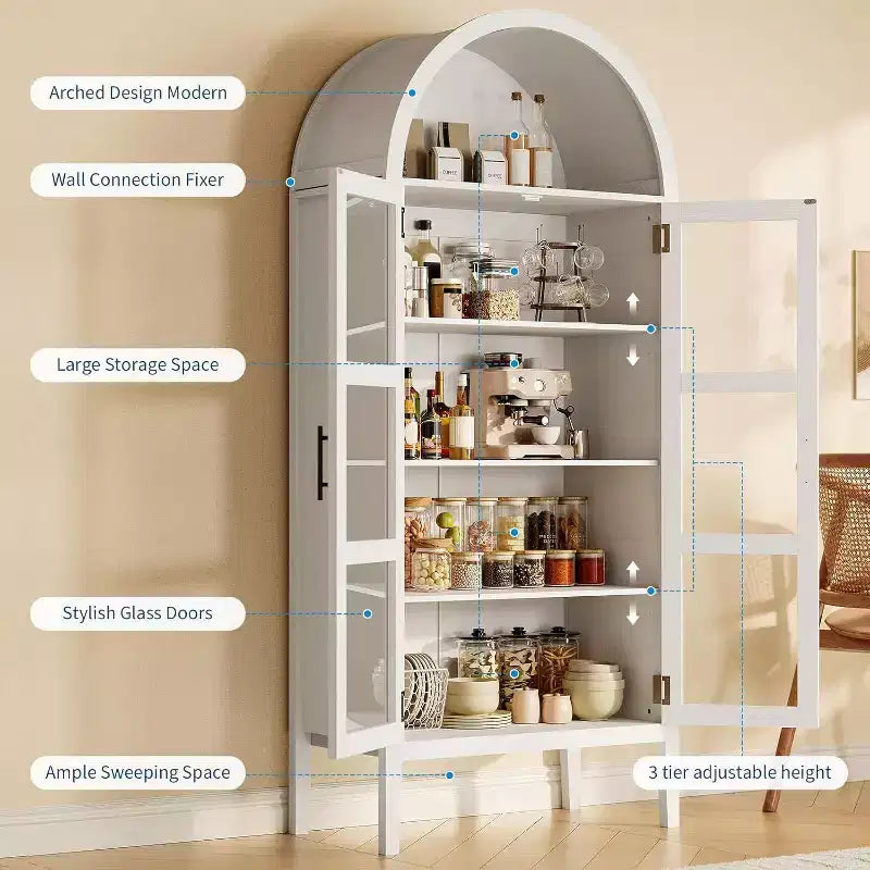 Cantinetta ad arco con luci a LED - Mobile credenza bianco indipendente con ante in vetro per cucina, sala da pranzo