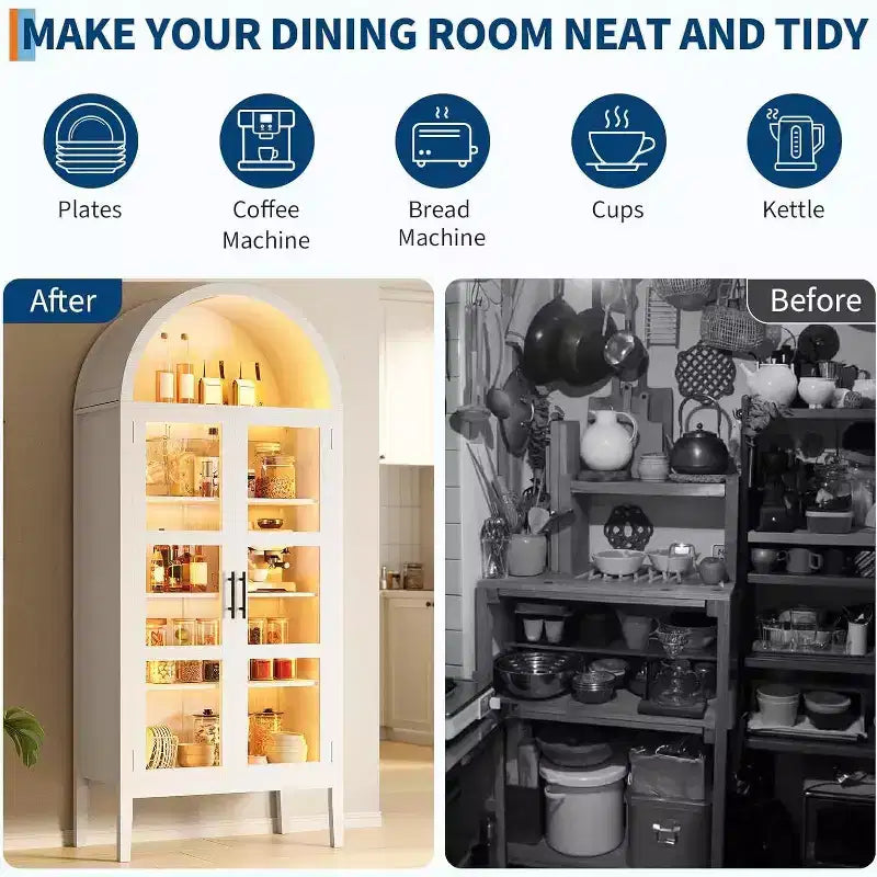 Cantinetta ad arco con luci a LED - Mobile credenza bianco indipendente con ante in vetro per cucina, sala da pranzo
